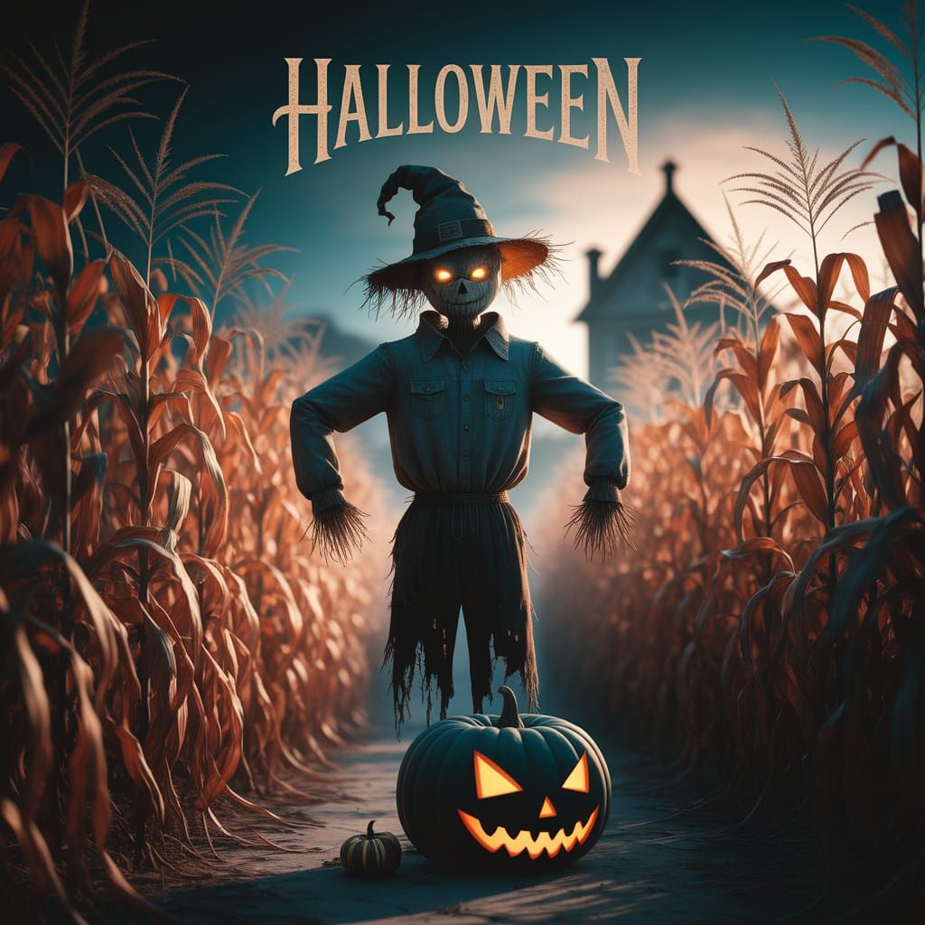 Haunted Scarecrow in Golden Corn Maze at Twilight