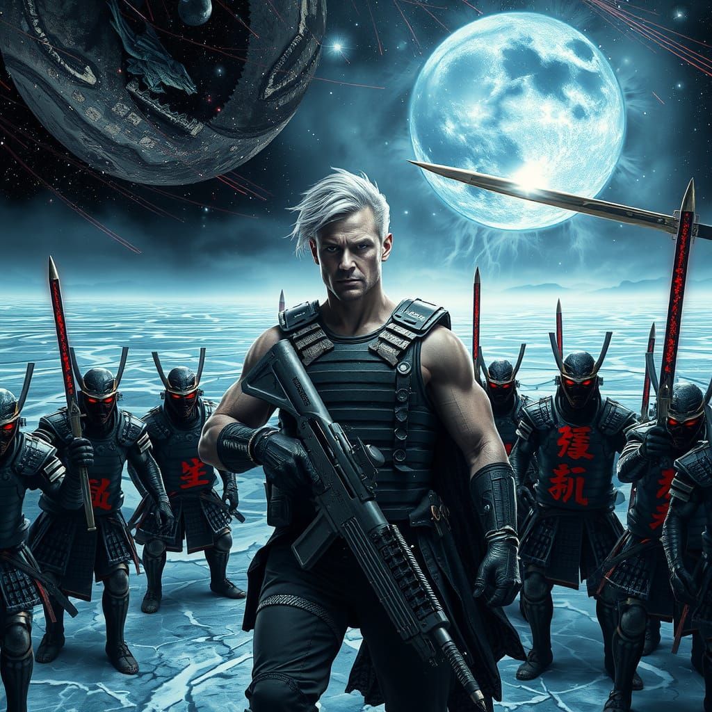 Cyberpunk Warrior Stands Firm on Frozen Lake