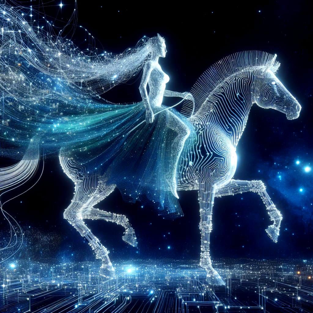 Techno Goddess Rides Cosmic Zebra in a Realm of Digital Wond...