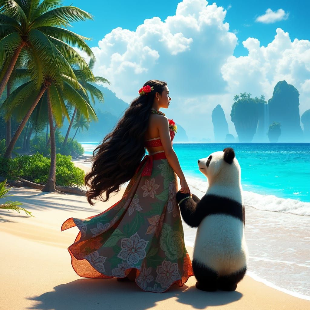 Hawaiian Princess Moana with Panda in Breathtaking Fantasy B...