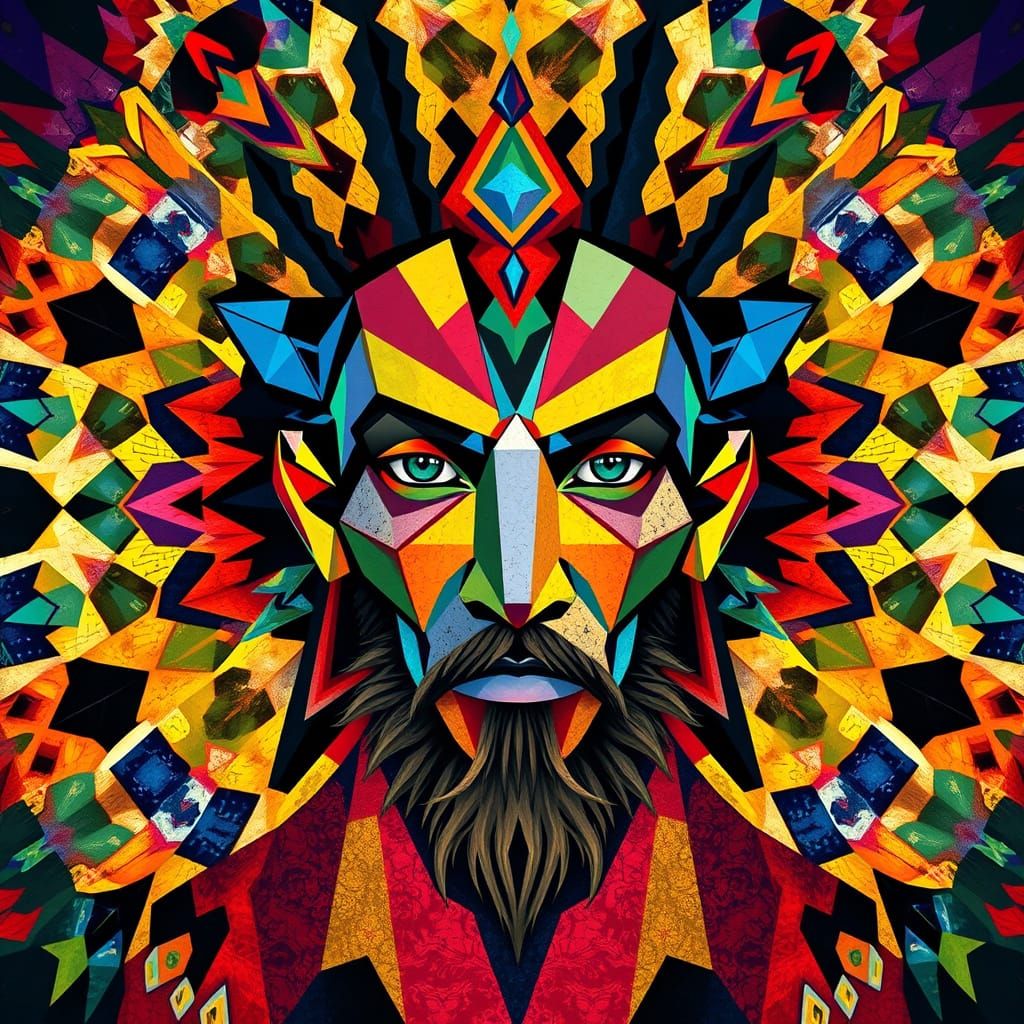 Dynamic Cubist Portrait Amidst Vibrant Universe