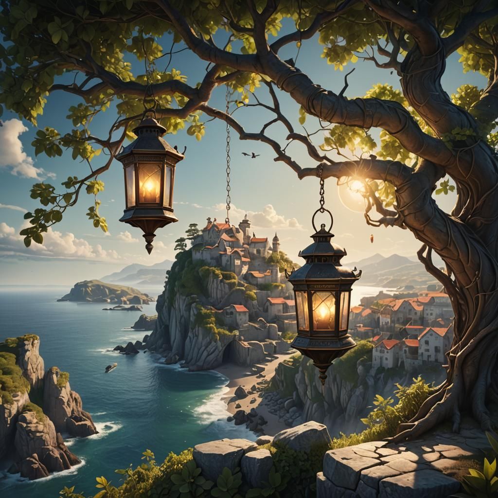 Magical Lantern Over Seaside Village, Fantasy Art