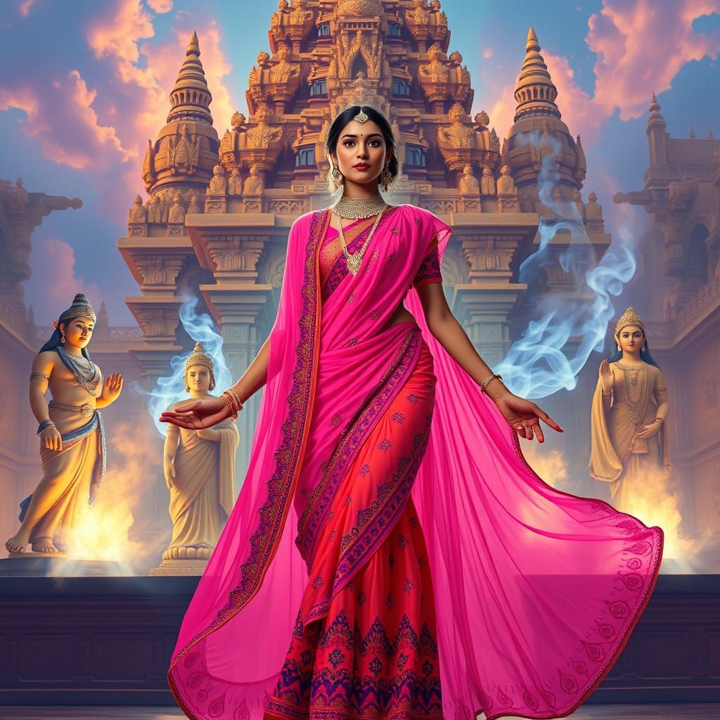 Indian Goddess Awakens in Vibrant Neon Glory Before Ancient ...