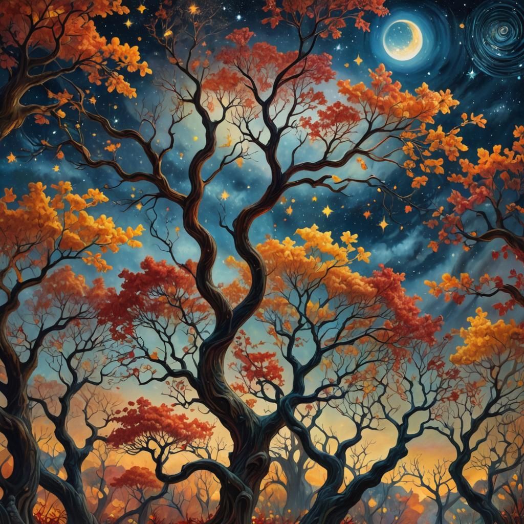 Surreal Autumnal Trees Under Starry Sky as Fantasy Art