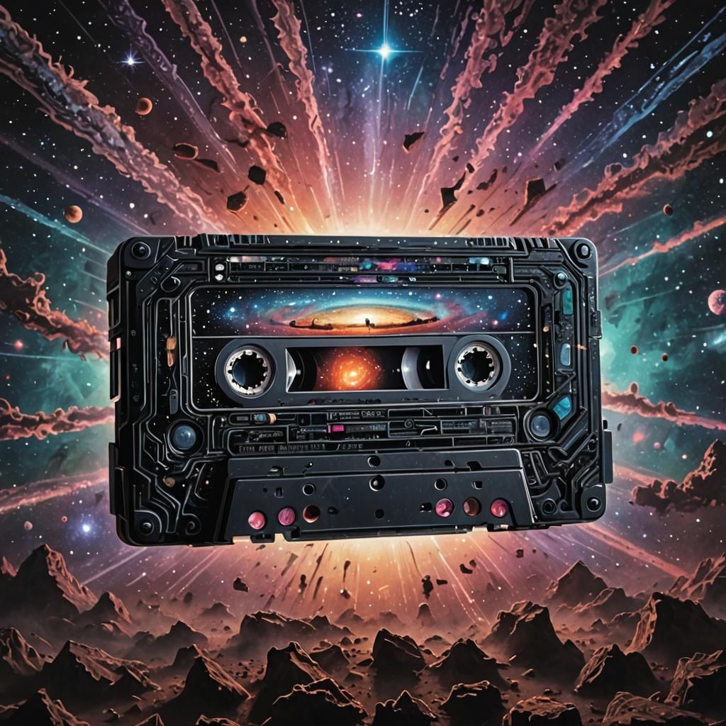 Cassette Tape Spaceship in Cosmic Nebula