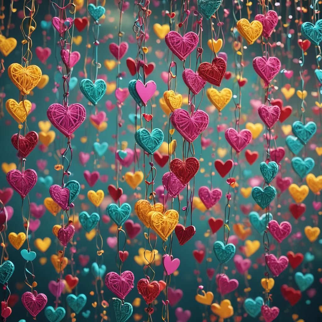 Vibrant String Art of Colorful Floating Hearts