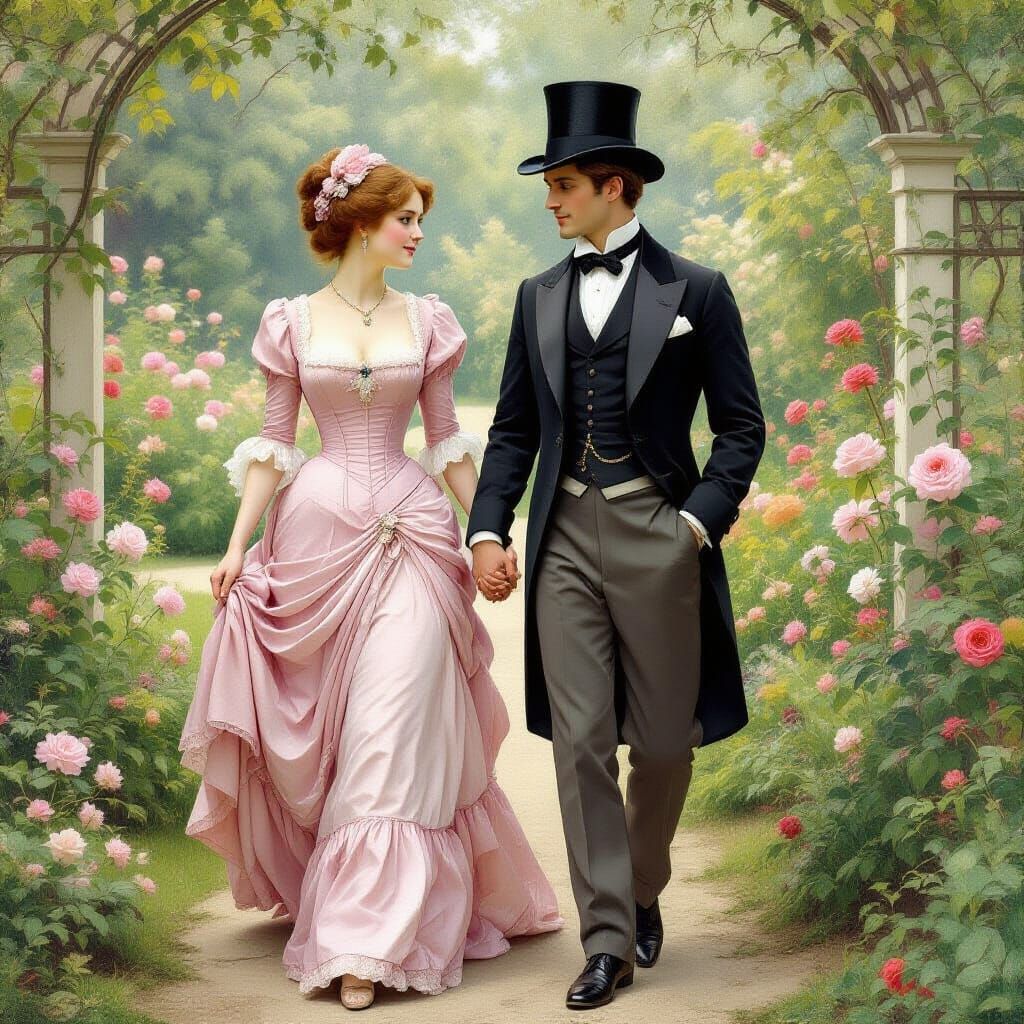 Victorian Couple in Lush Garden, Pre-Raphaelite Style