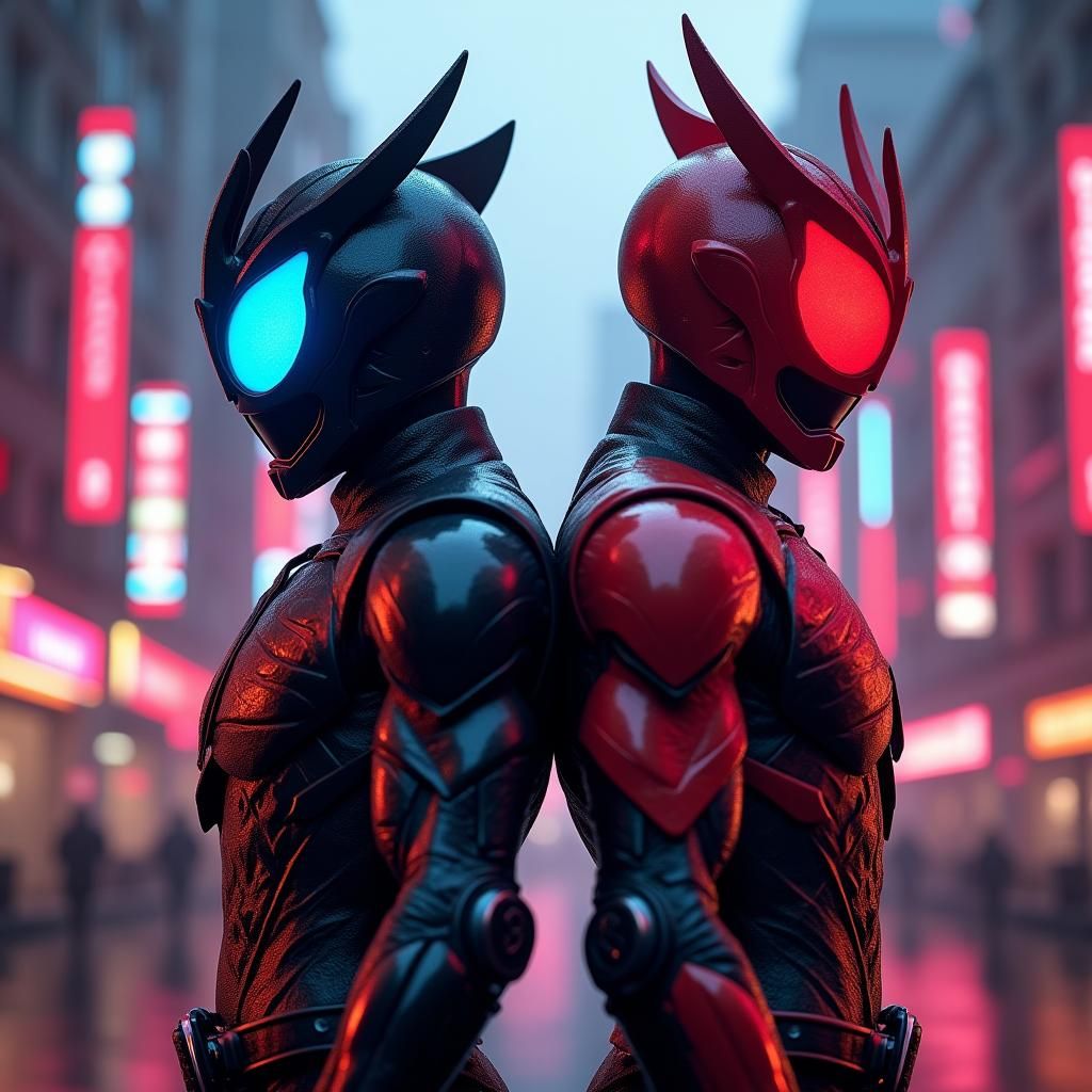 Heroic Figures in Neon Cityscape: Concept Art