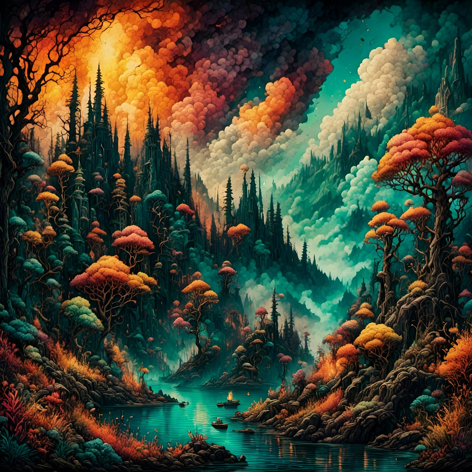 Burning Rainforest in Dramatic Ink Art Style