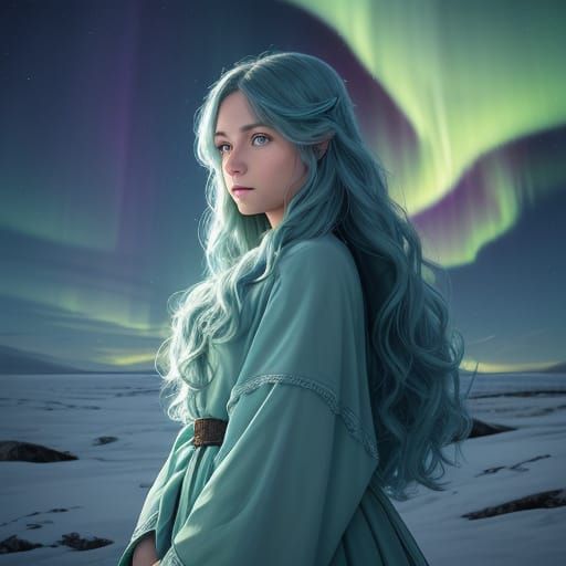 Girl Gazing at Northern Lights in Digital Matte Painting