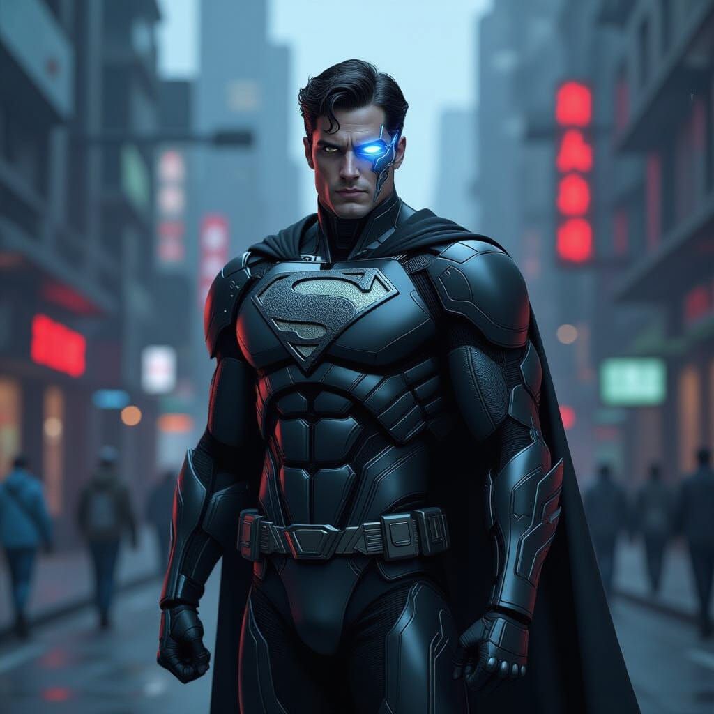 Cyberpunk Superman with Facial Cyberware in Futuristic City