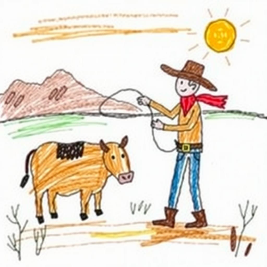 Cowboy Lassoing Cow: Crayon Drawing in Old West