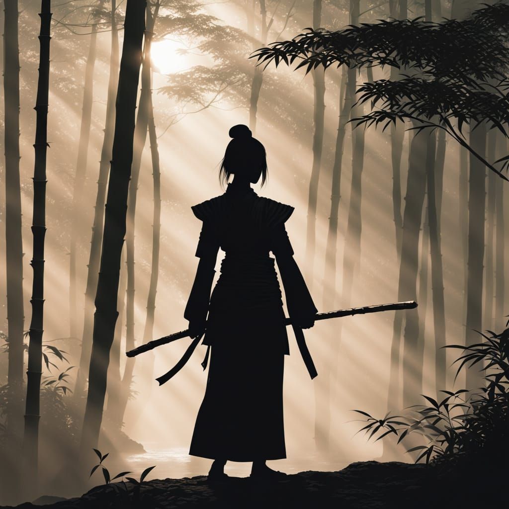 Kunoichi Meditating in Misty Bamboo Forest at Dawn