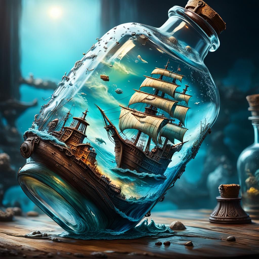 Sunken Pirate Ship in Bottle: Hyperrealistic Splash Art