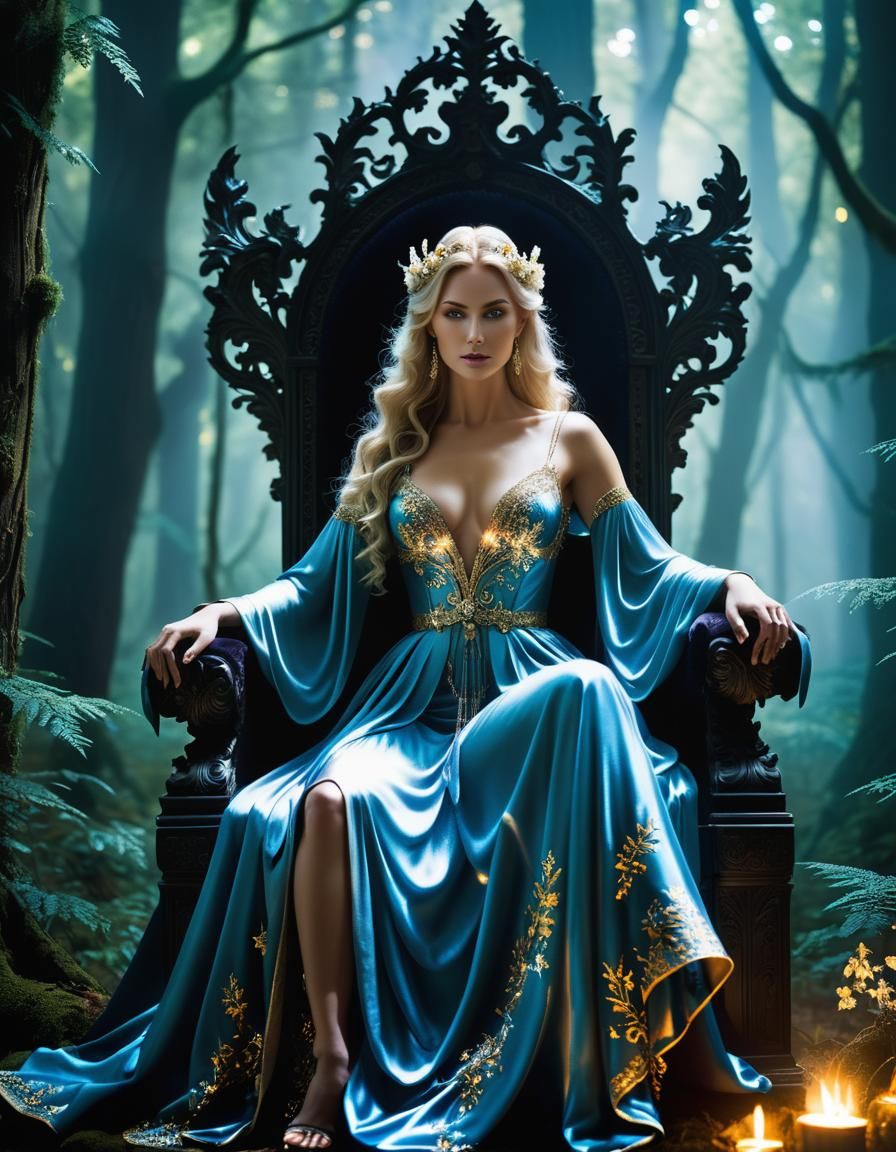 Ethereal Goddess on Throne in Mystical Forest