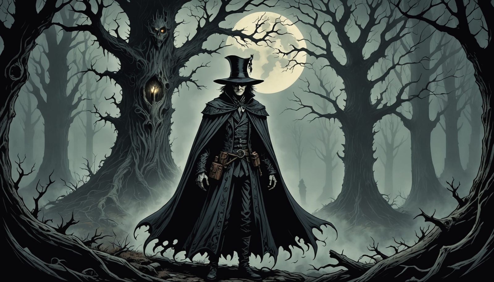 Gothic Victorian Character in Misty Forest