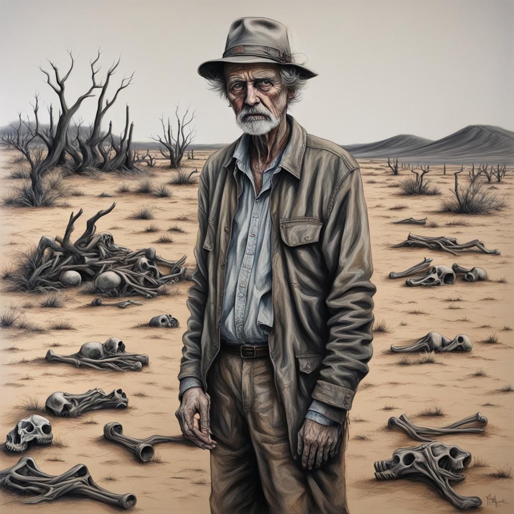 Distressed Man in Surreal Desert Wasteland