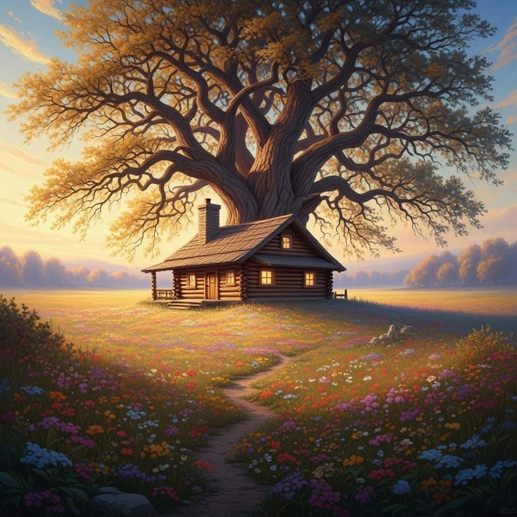 A colossal, ancient tree grows from the center of a field of...