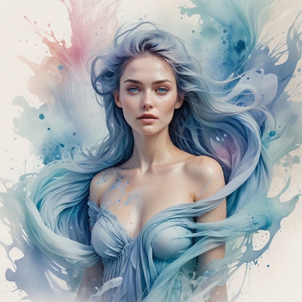 Feminine Figure in Flowing Pastel Ink