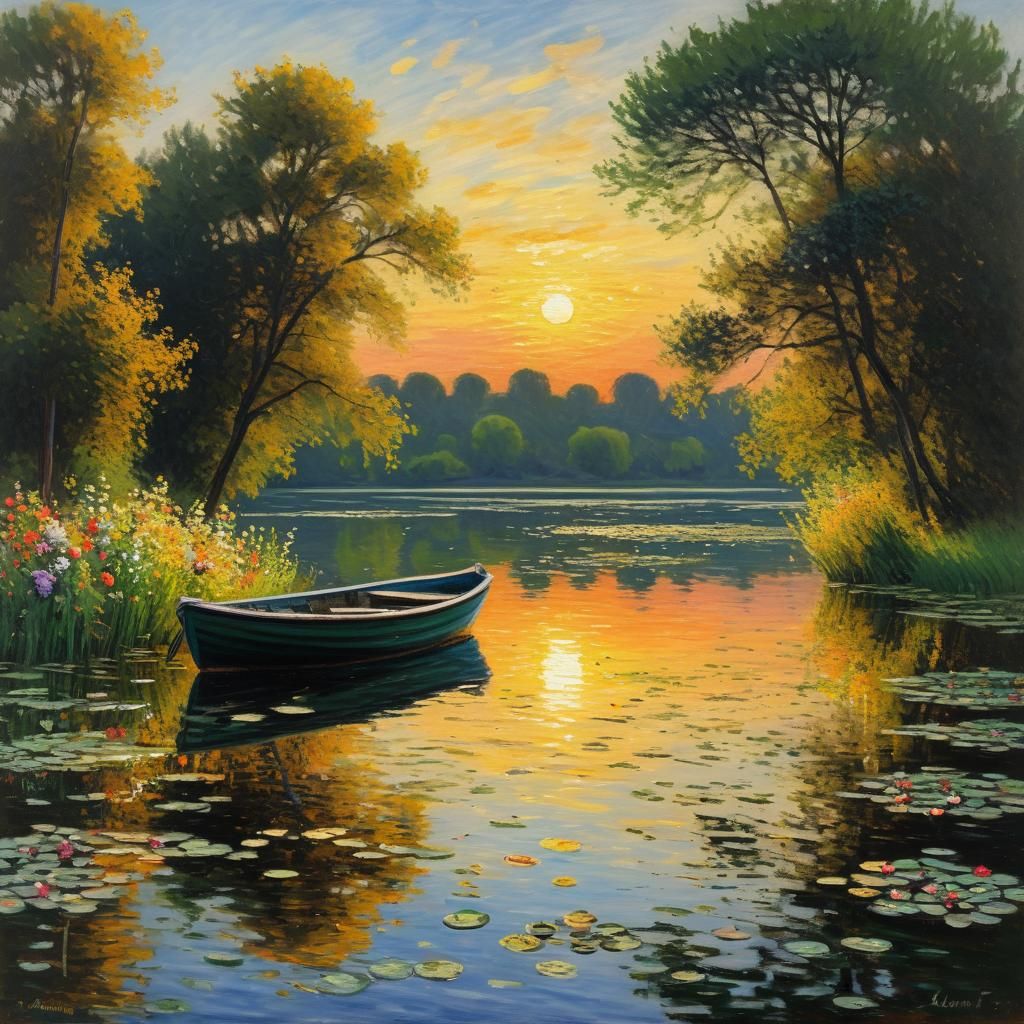 Sunset Lake with Moored Boat as Monet Oil Painting