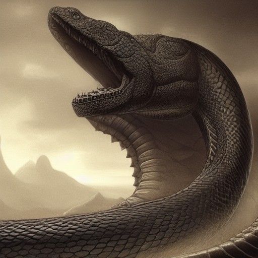 Giant Flint-Headed Serpent Roars in Matte Painting