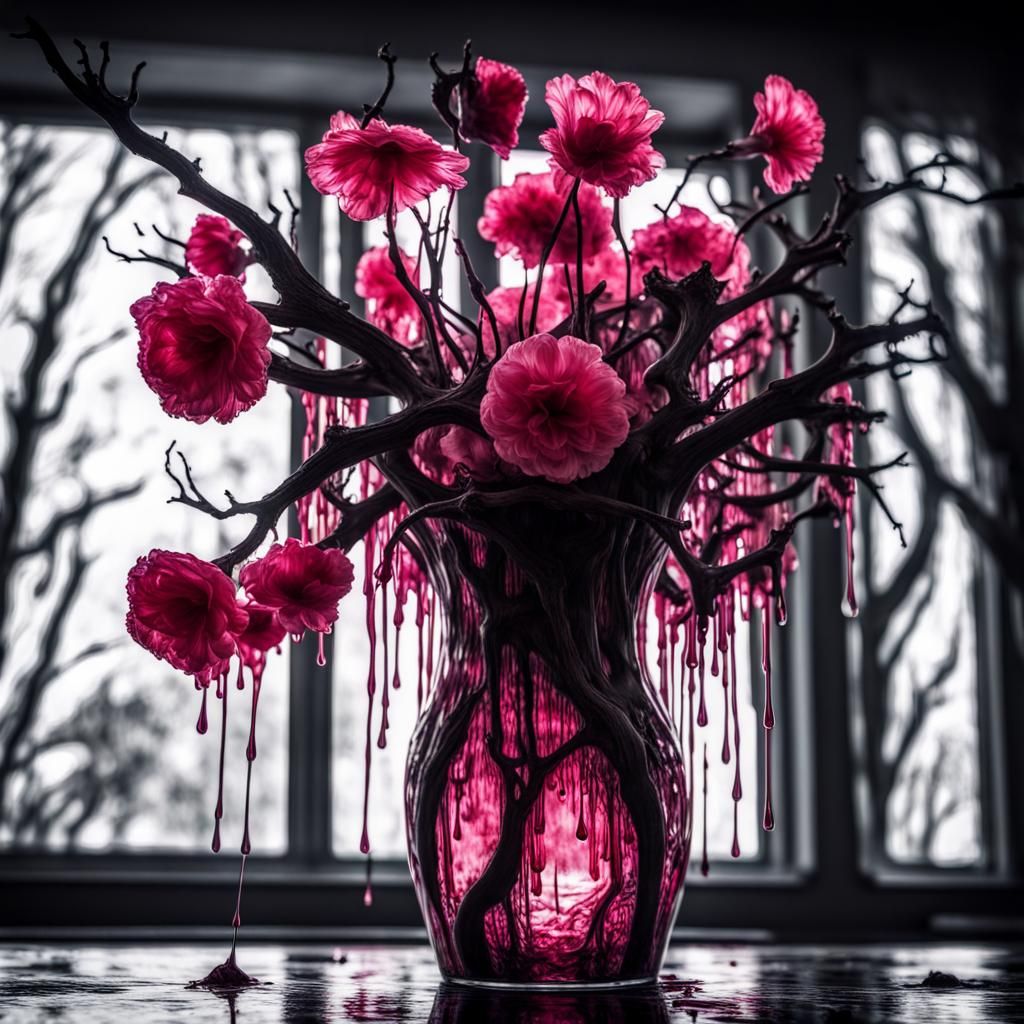Creepy Transparent Flowers in Dripping Pink Ink