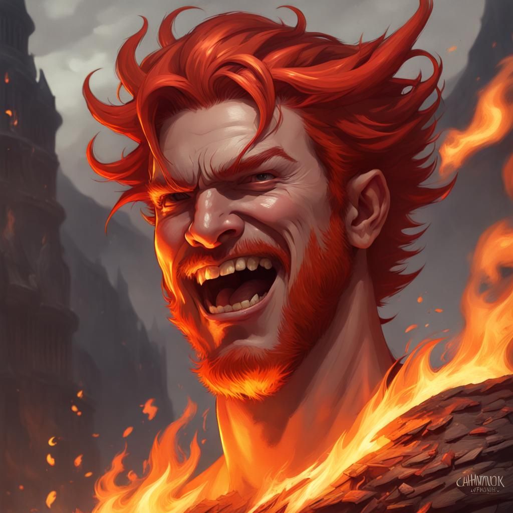 Fiery Haired King with Fire Demon, Fantasy Portrait