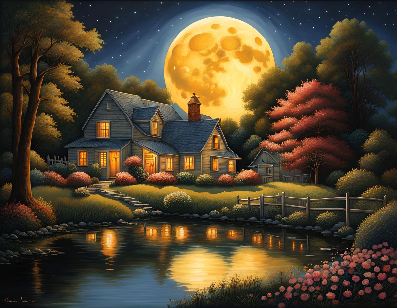 Full Moon Rising Over Rural Landscape in Watercolor Style