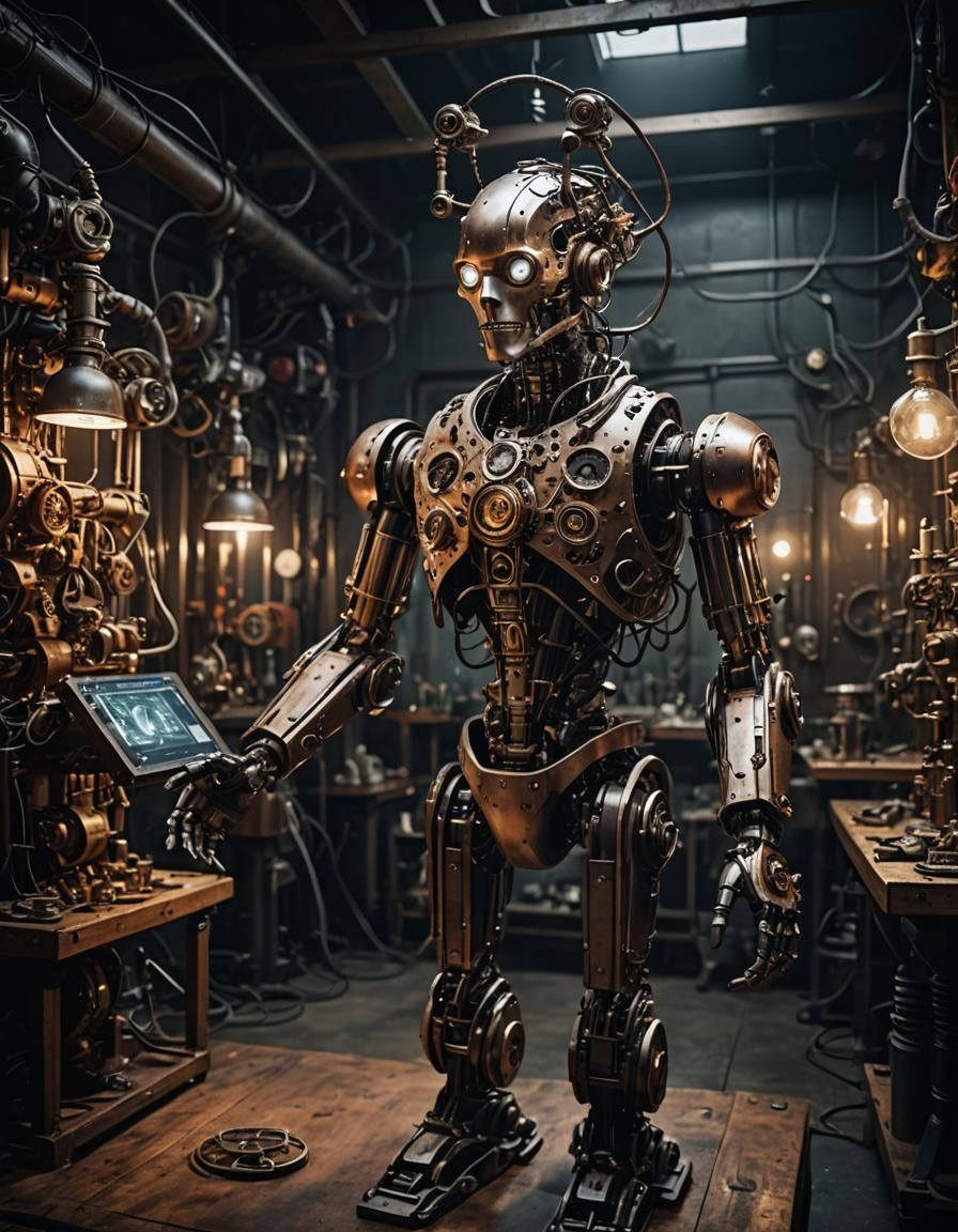 Steampunk Engineer Assembling Robot in Dark Lab