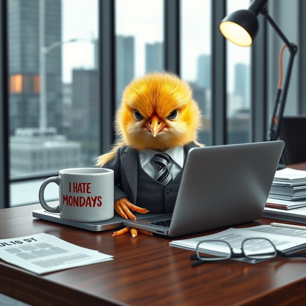 Irritated Chick in Business Suit at Office Desk