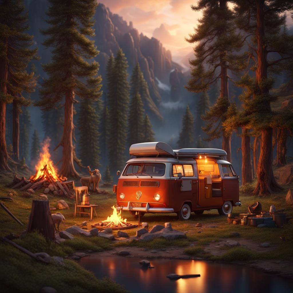 Camping Scene with Camper Van in Detailed Matte Painting
