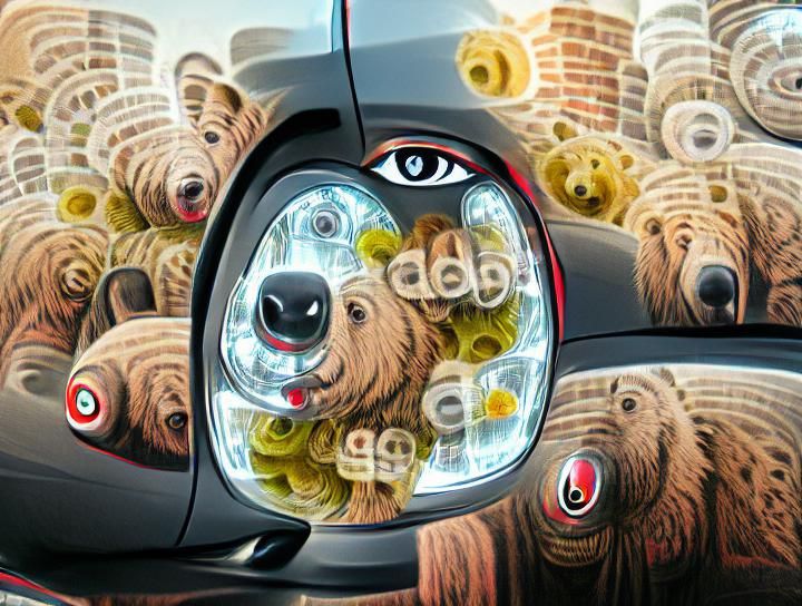 Multi-Eyed Bear Stares at Fiat 500 Illustration
