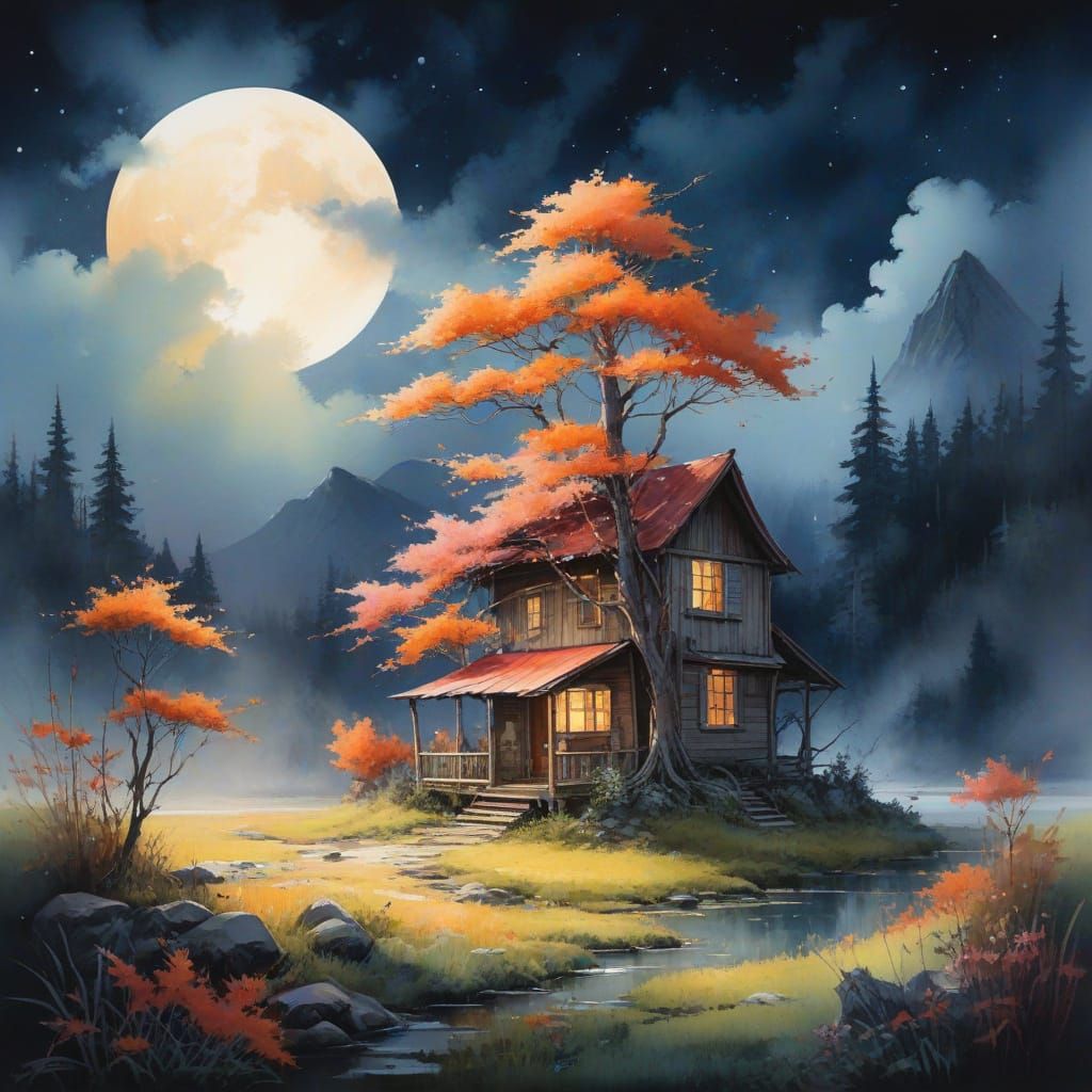 Cabin in Mystical Forest at Twilight