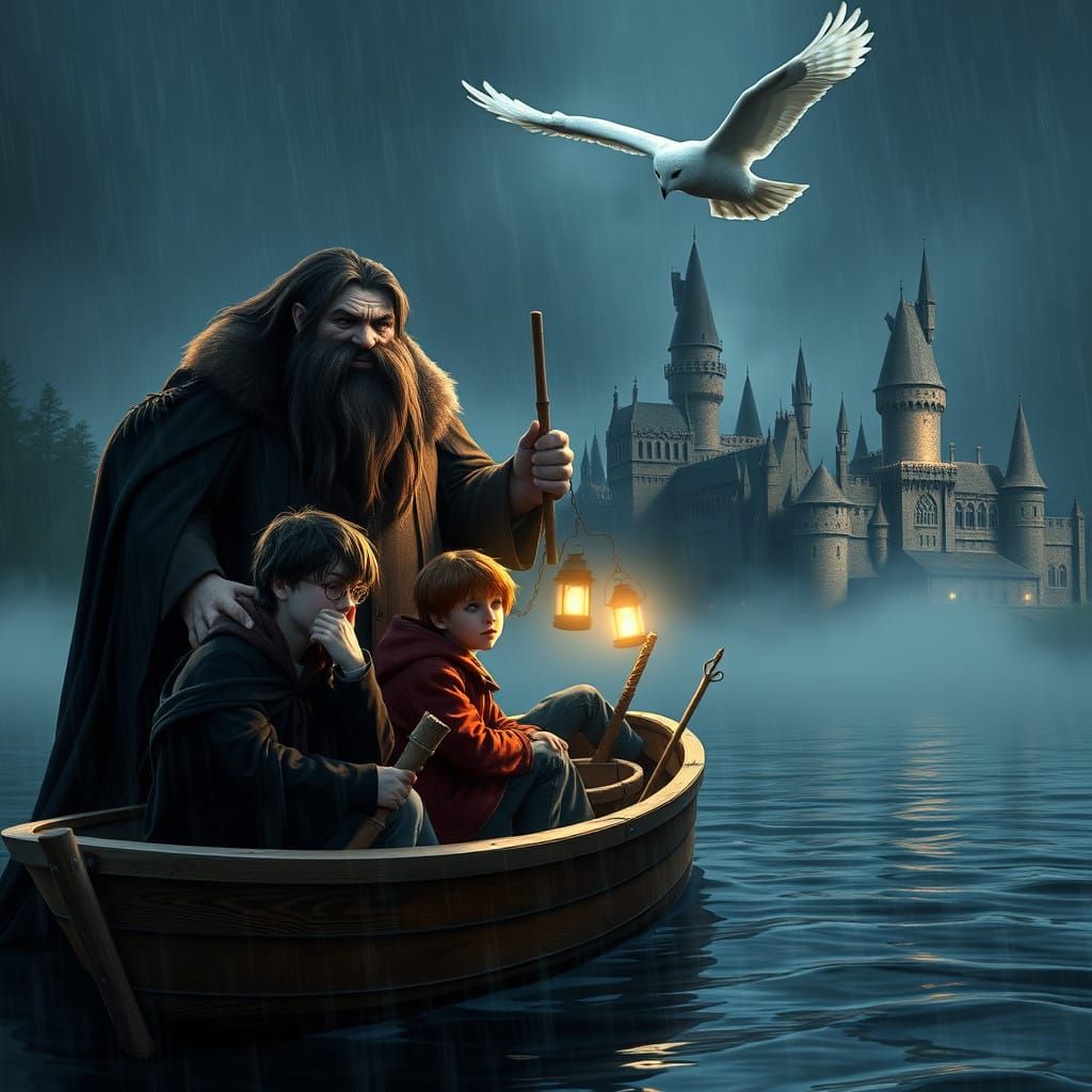 Magical Nighttime Scene of Young Harry Potter and Friends on...
