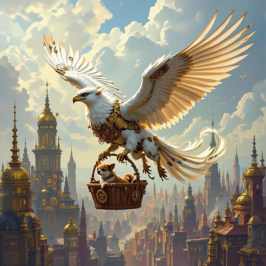 Griffin Soaring Over Steampunk Metropolis as Oil Painting