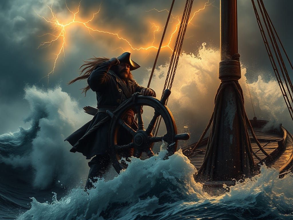 Weathered Pirate Rides the Turbulent Sea