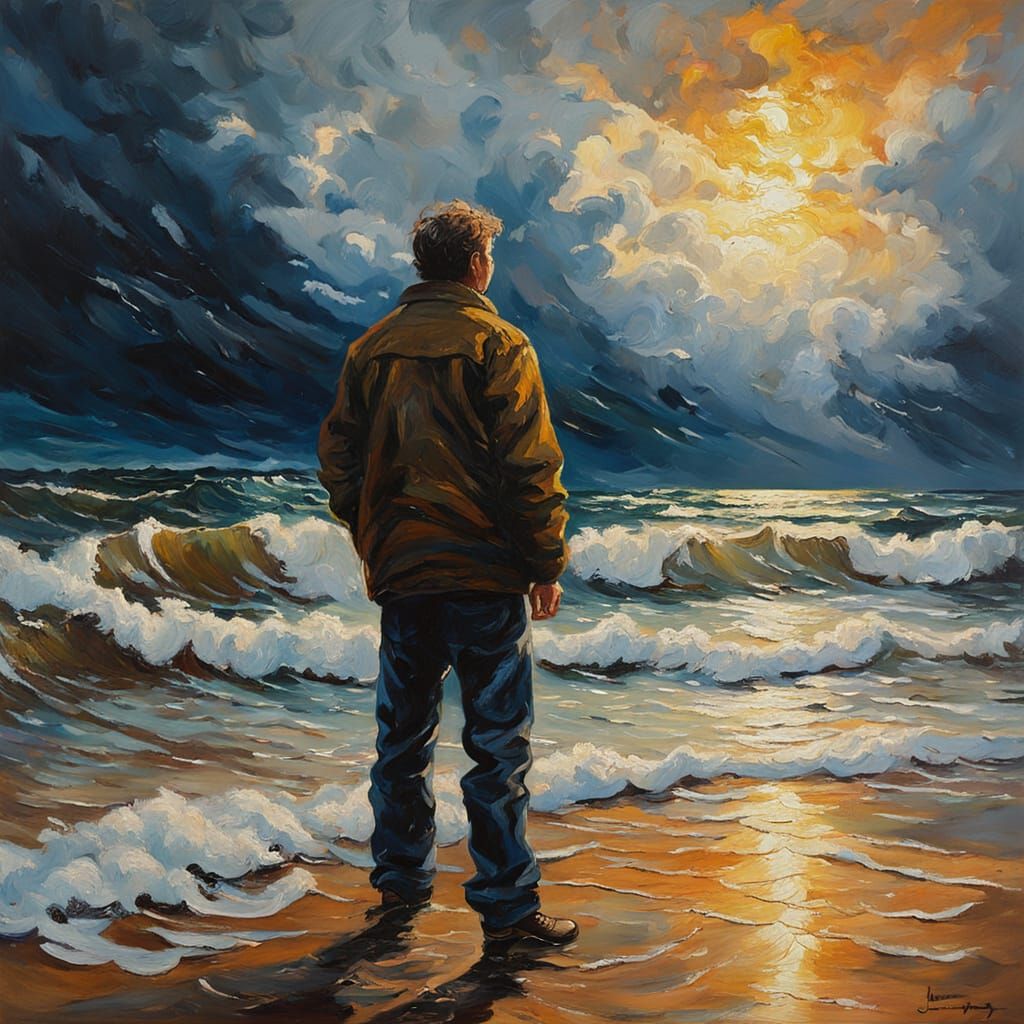 Stormy Beach Impressionist Oil Painting at Sunset