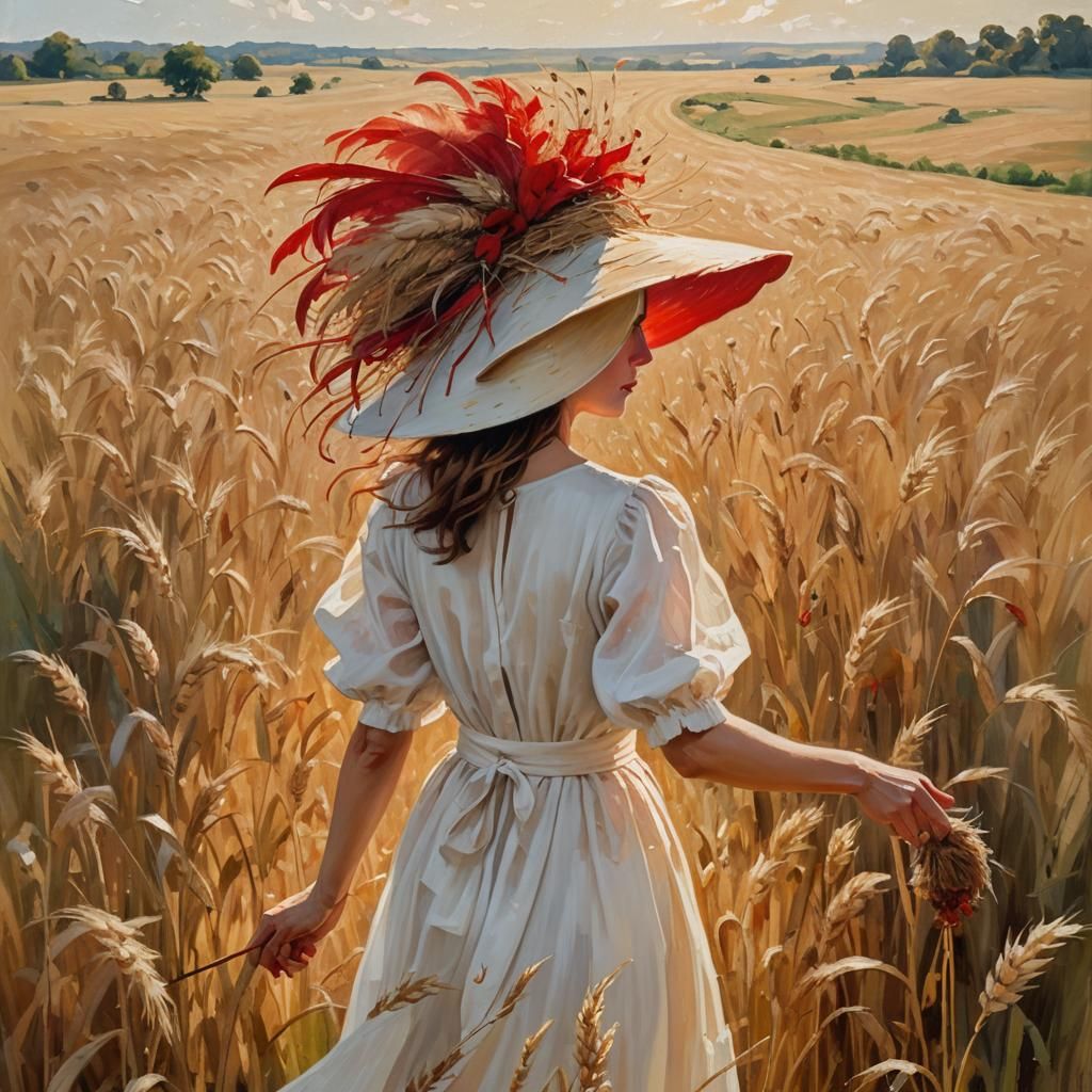 Woman in Red Hat in Impressionist Style