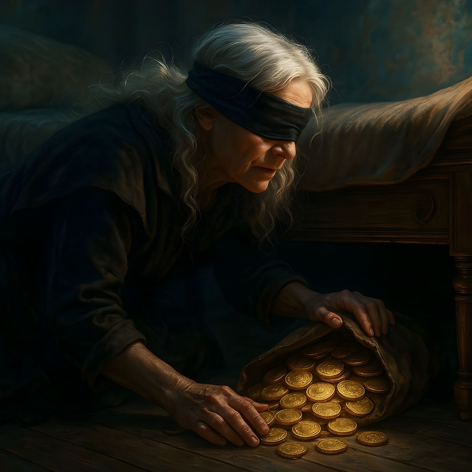 Woman with Blindfold Hiding Gold, Hyperrealistic Image