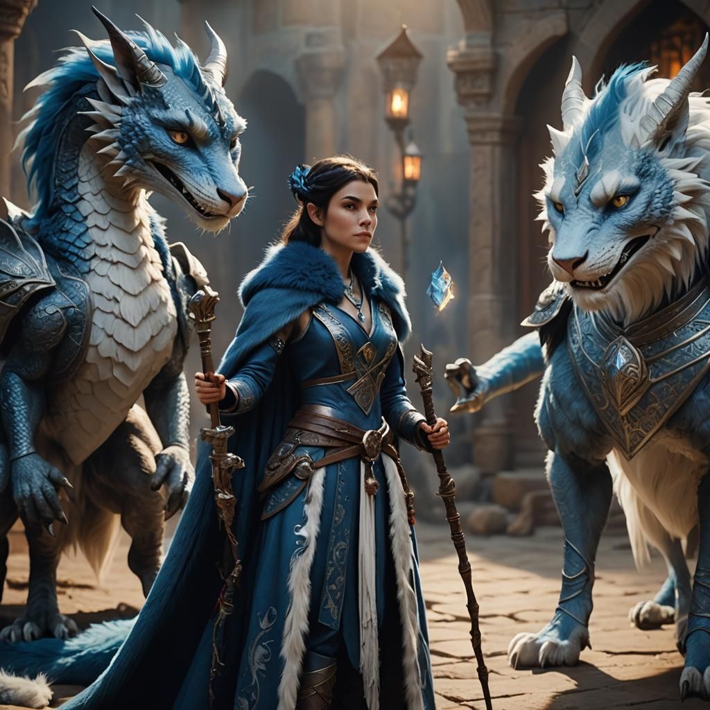 Catfolk Sorceress and Dragon Pet in Cinematic Style
