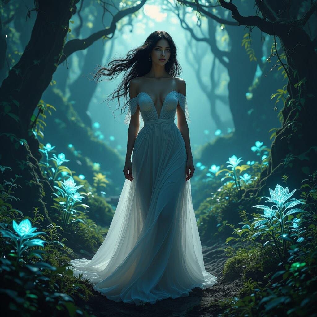 Bioluminescent Forest: Spectral Woman in a Translucent Gown