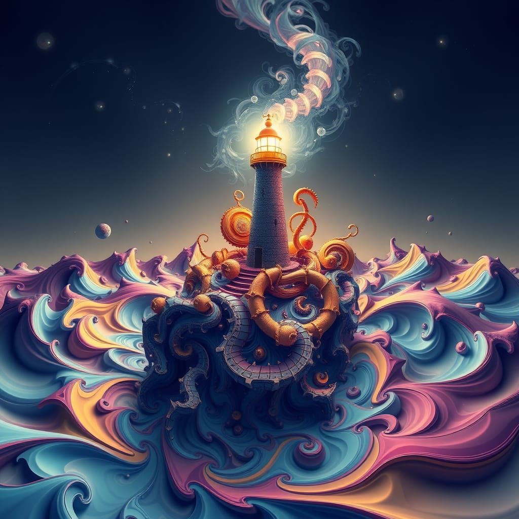 Fractal Lighthouse on Island in Abstract Digital Art