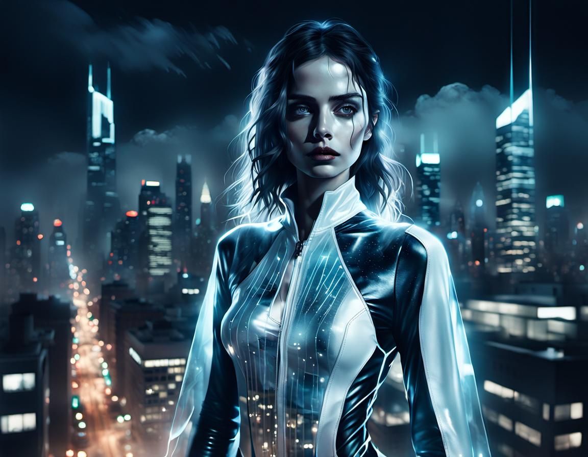 Translucent Ghost Over Future Noir Cityscape