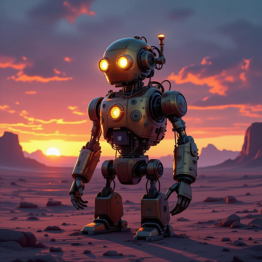 Steampunk Automaton on Alien Planet at Binary Sunset
