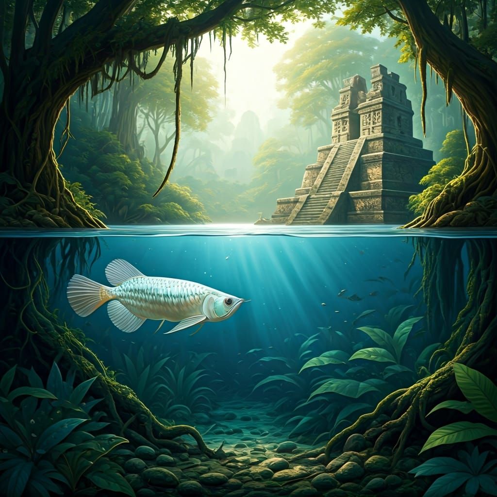 Platinum Arowana Soaring Over Rainforest Temple, Oil Paintin...