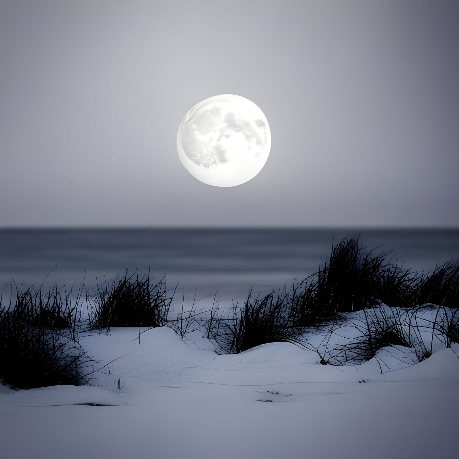 Snowy Beach Under Full Moon