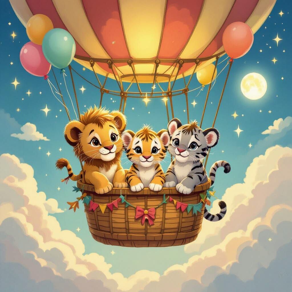 Lion, Tiger, and Panther Cubs in Balloon