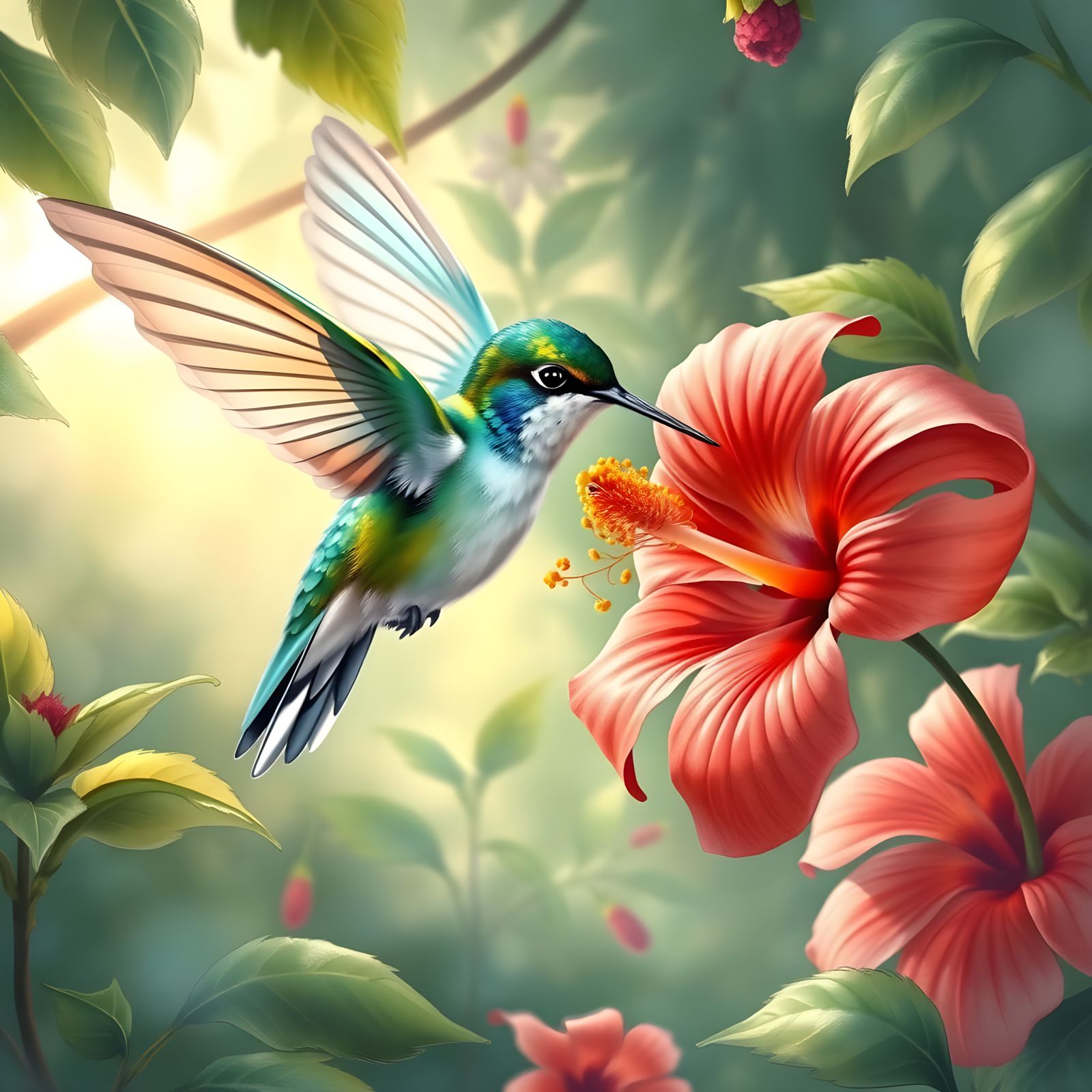 Hummingbird Sips Nectar in Watercolor Painting