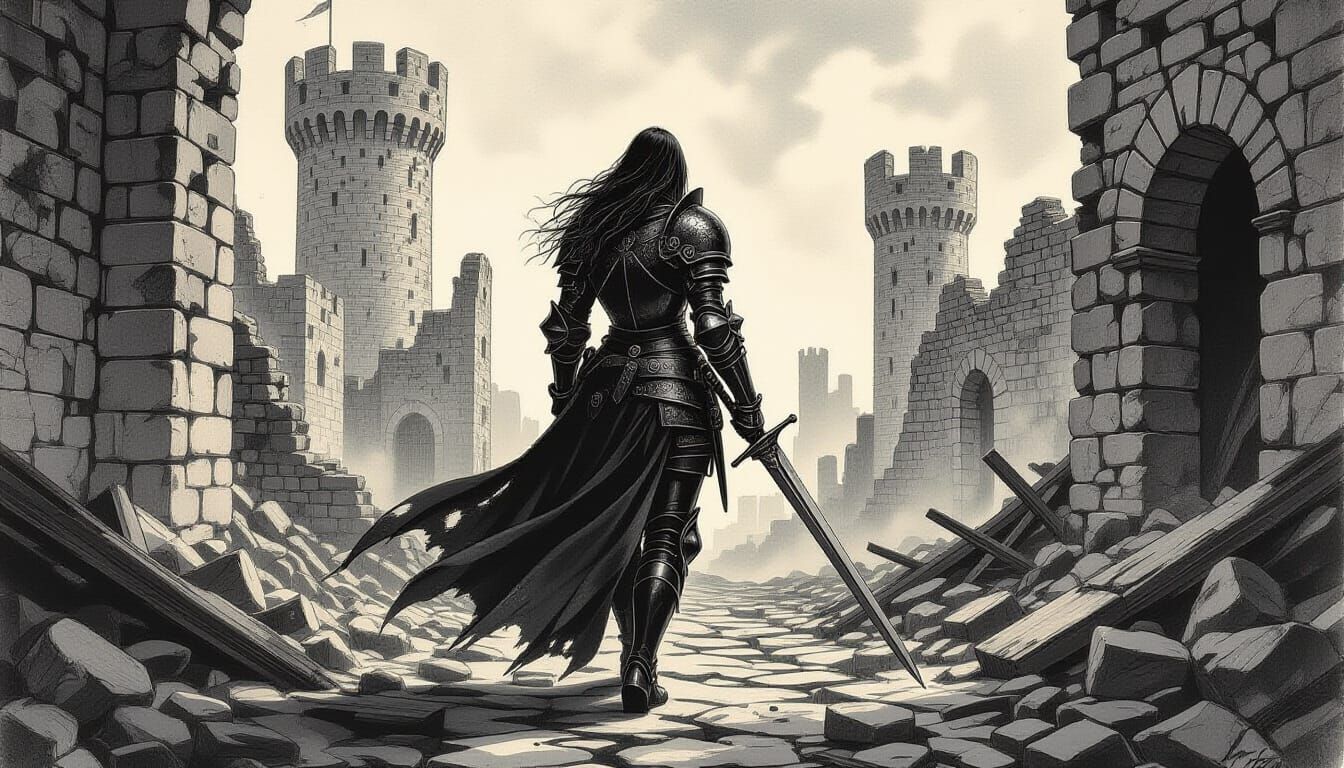 Lone Knight in Castle Ruins, Charcoal Drawing Style