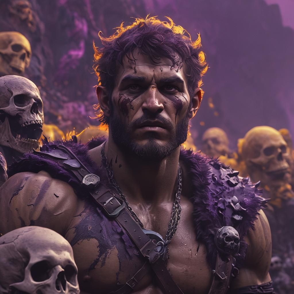Dark Fantasy Barbarian on Mountain of Skulls